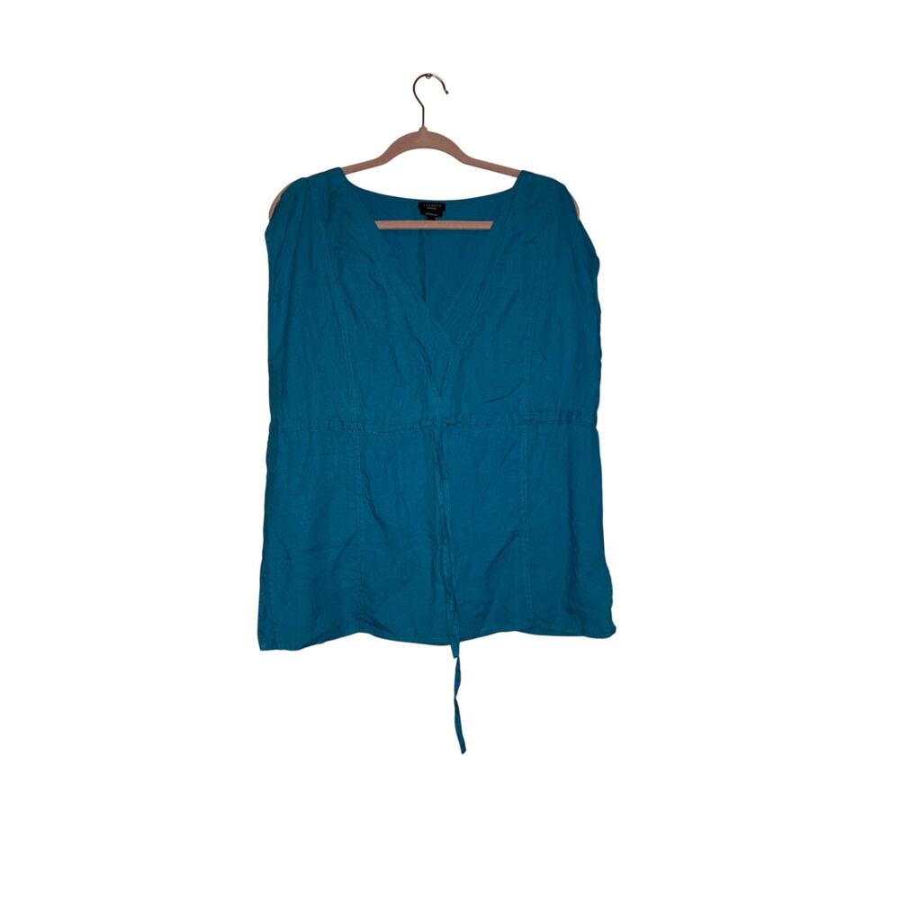 Talbots Teal 100% Linen Sleeveless V-Neck Top Size 14 Drawstring Waist